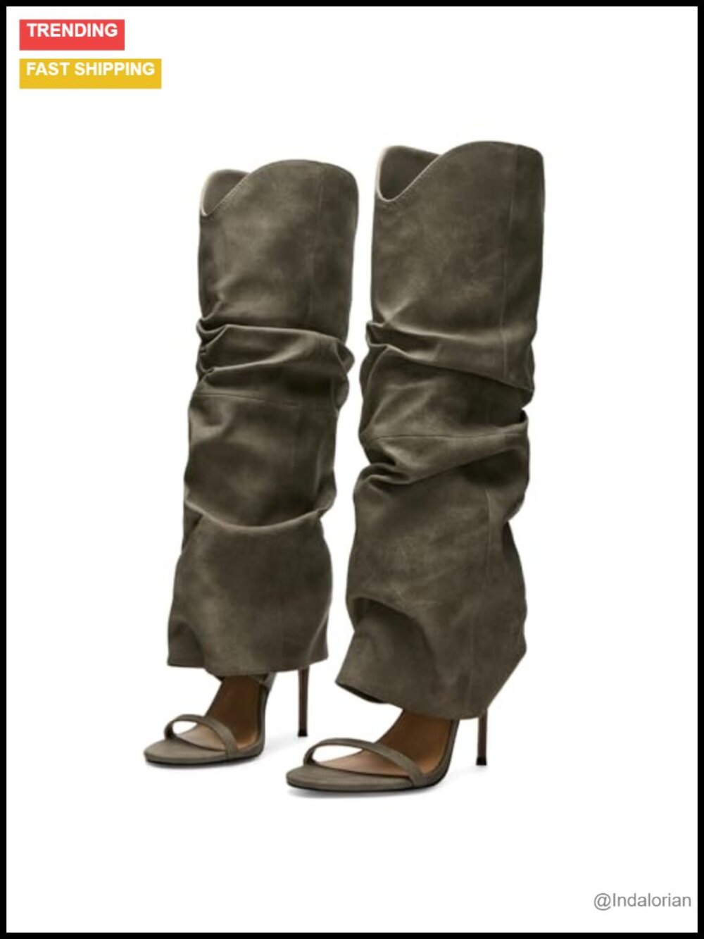 Slouched Ruched Knee High Heels Pull On Wide Calf Stiletto Open Toe Sandals